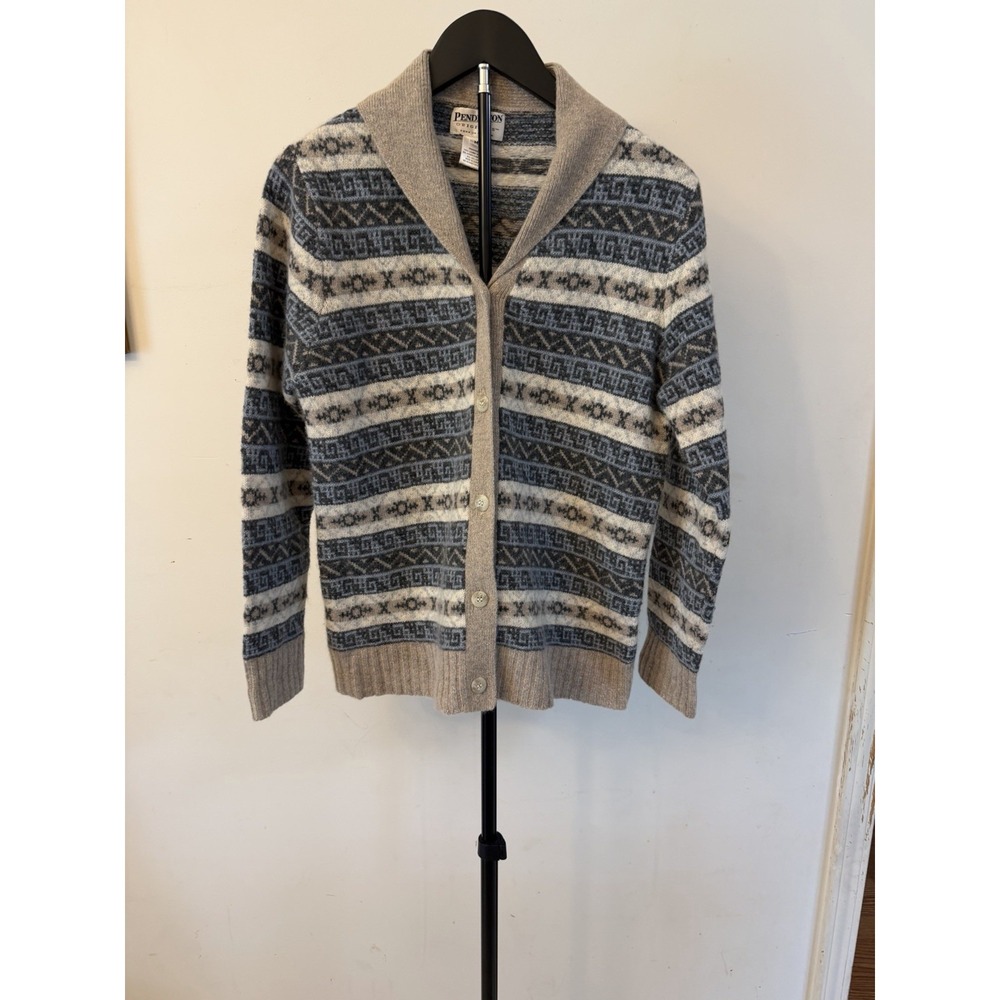 Pendleton Originals Oregon Lambswool Angora Button Up Cardigan-Blue/Tan-M